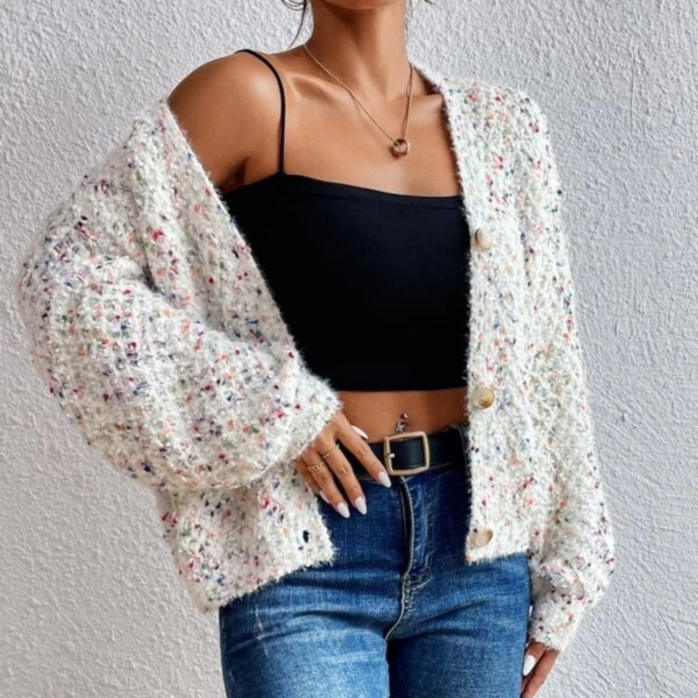 multi color soft Popcorn Drop Shoulder button down knit Sweater Cardigan - Picture 5 of 6